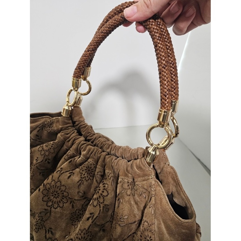 Cole Haan Brown Floral Embossed Suede Hobo Bag - Picture 8 of 14